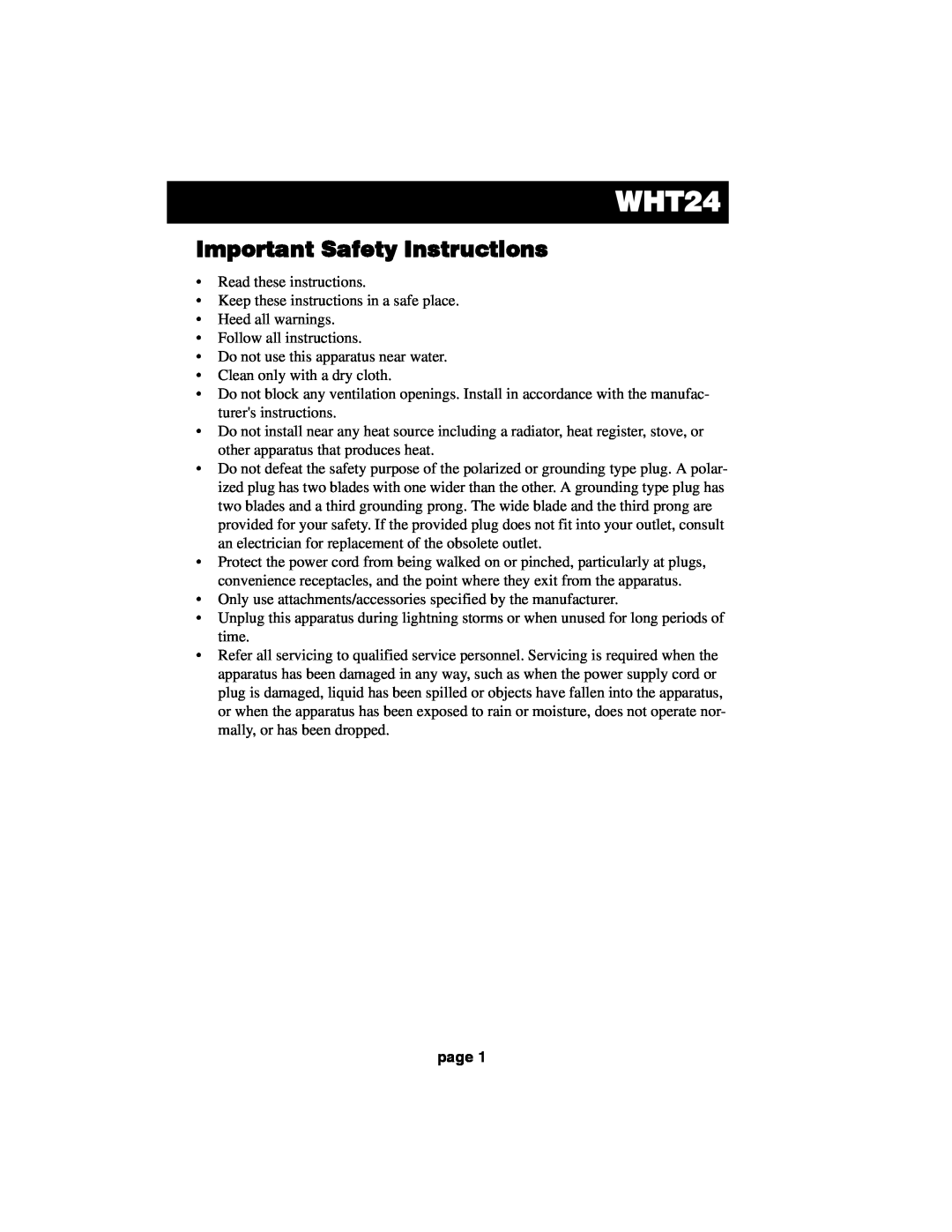 Acoustic Research HT60 operation manual WHT24, Important Safety Instructions, page 