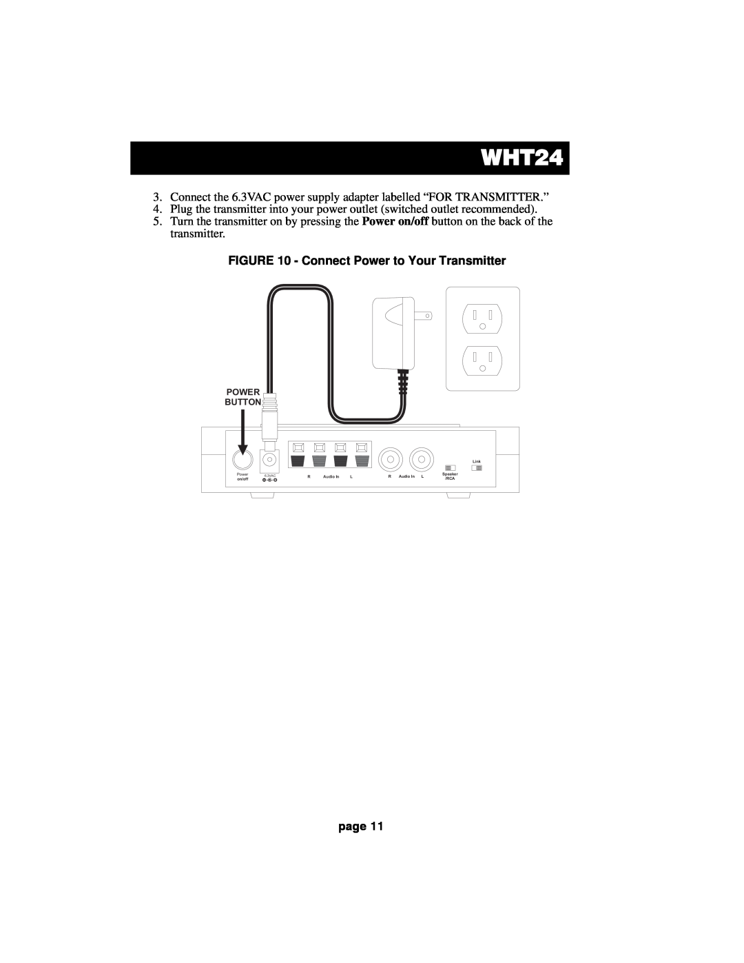 Acoustic Research HT60 operation manual WHT24, Connect Power to Your Transmitter, page, Power Button 