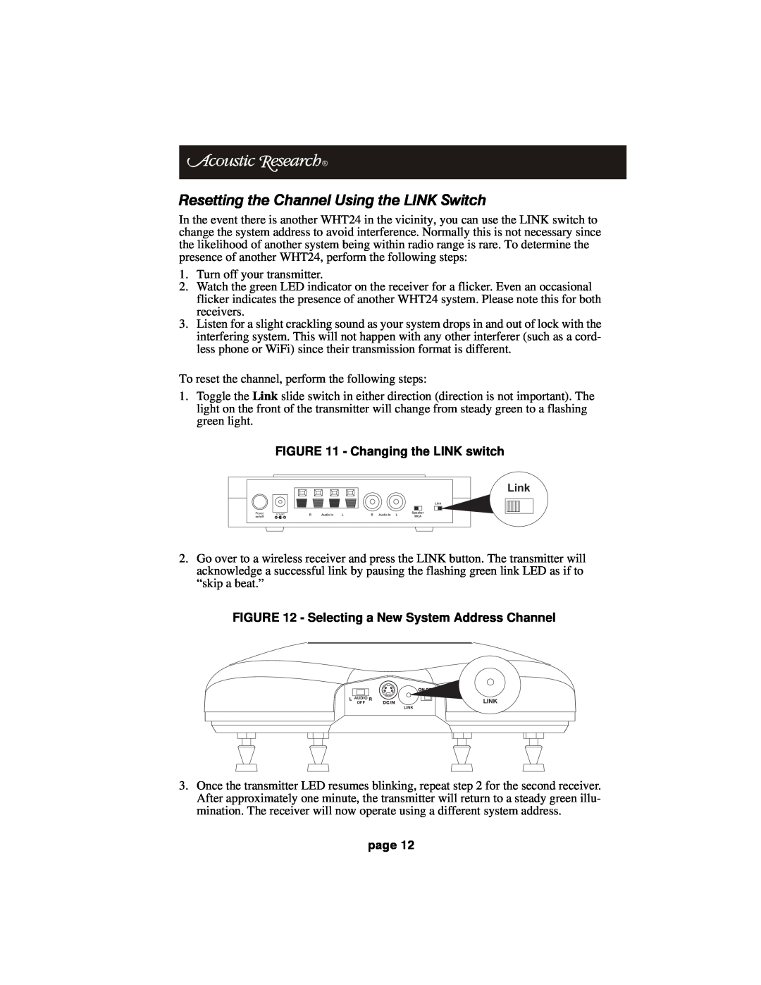Acoustic Research HT60 operation manual Resetting the Channel Using the LINK Switch, Changing the LINK switch, page 