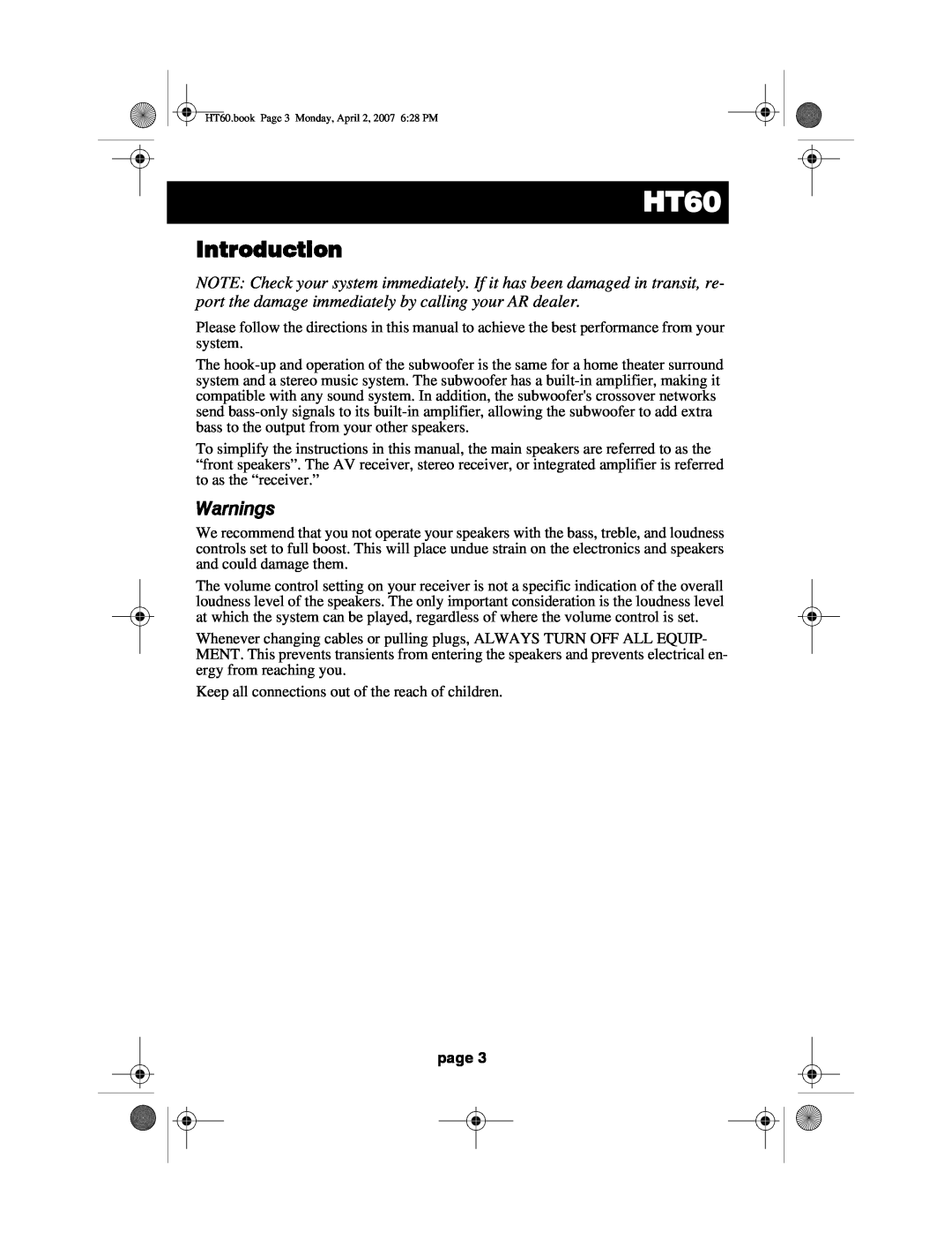 Acoustic Research HT60 operation manual Introduction, Warnings, page 