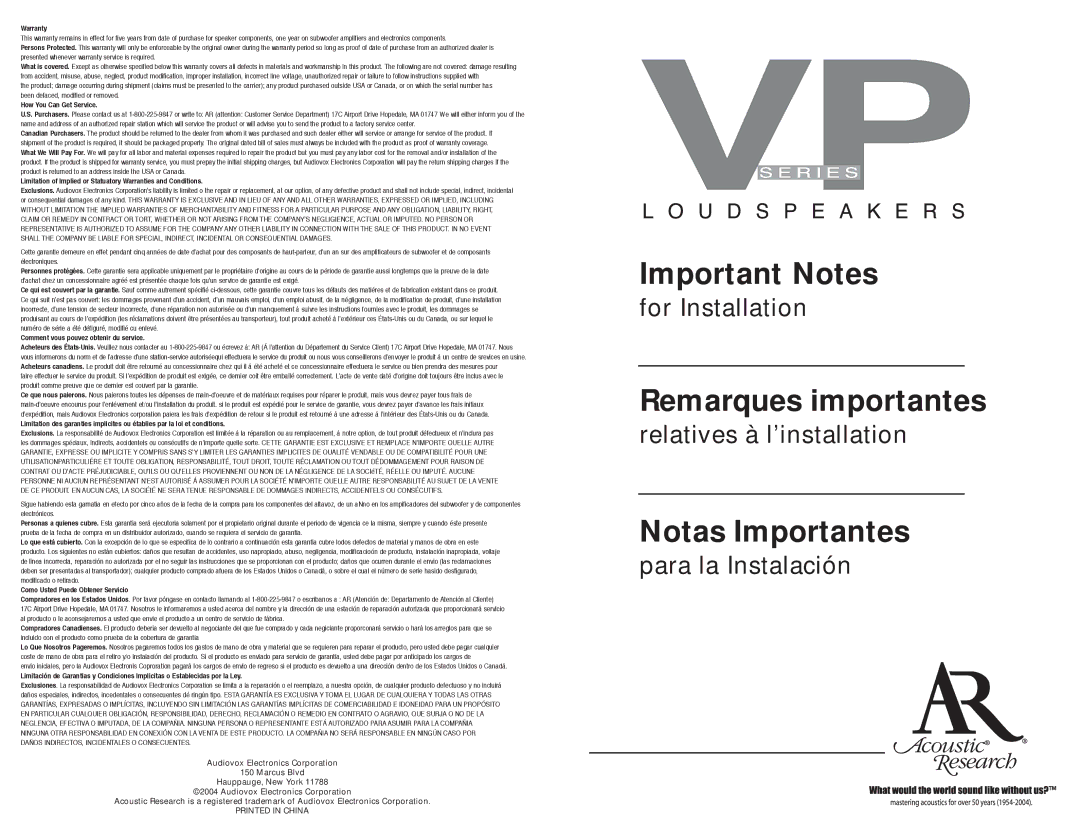 Acoustic Research VP Series warranty Important Notes 