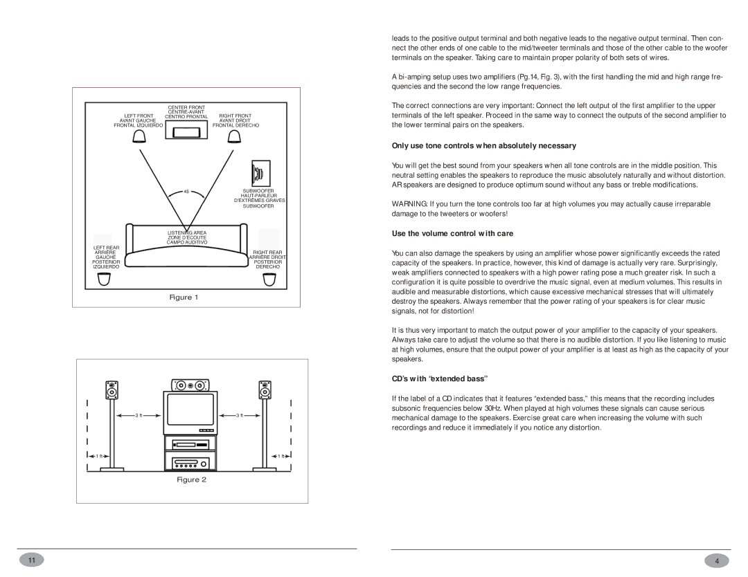 Acoustic Research VP Series warranty Only use tone controls when absolutely necessary, Use the volume control with care 