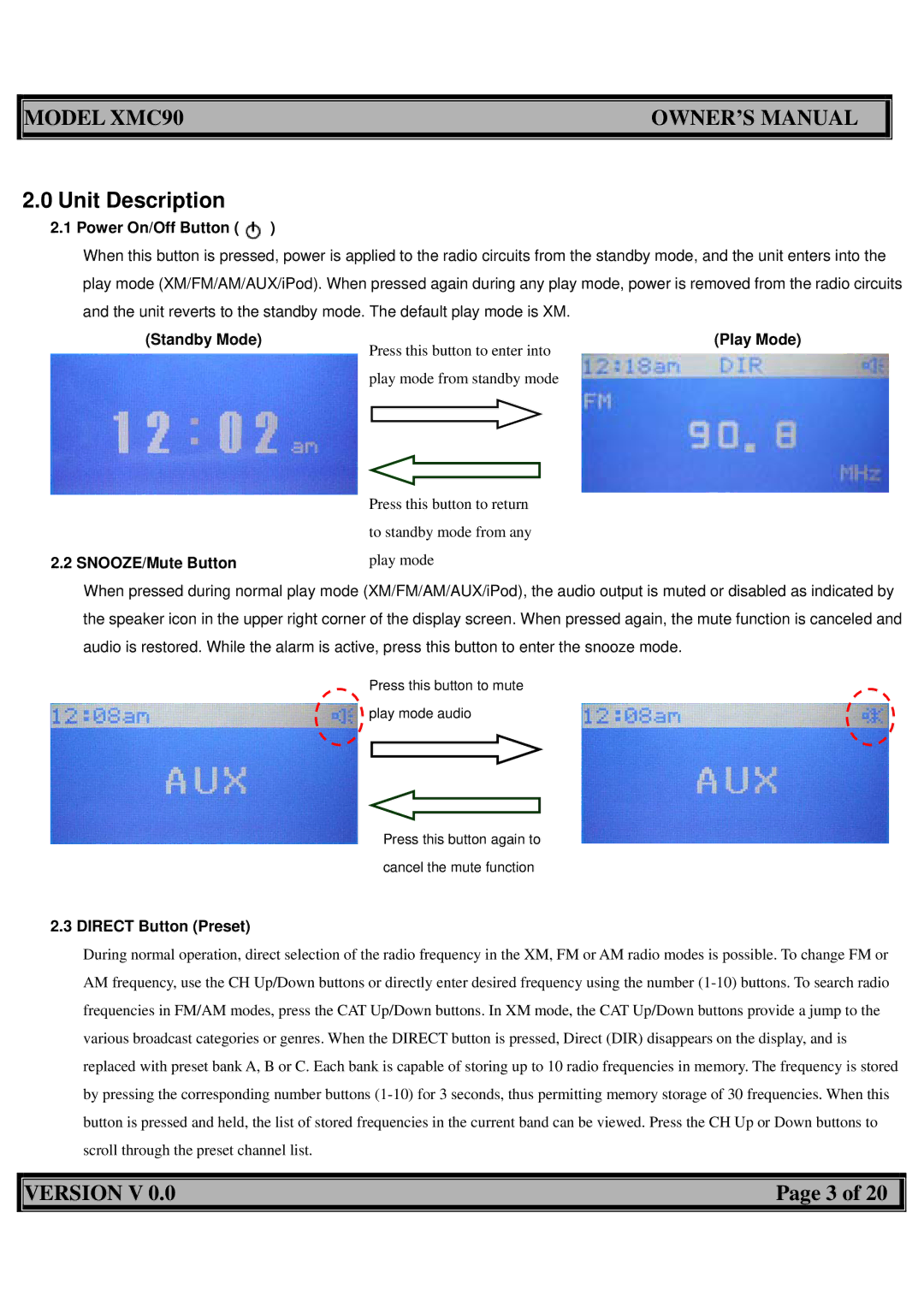 Acoustic Research XMC90 owner manual Unit Description, Power On/Off Button, Standby Mode, Play Mode, Direct Button Preset 