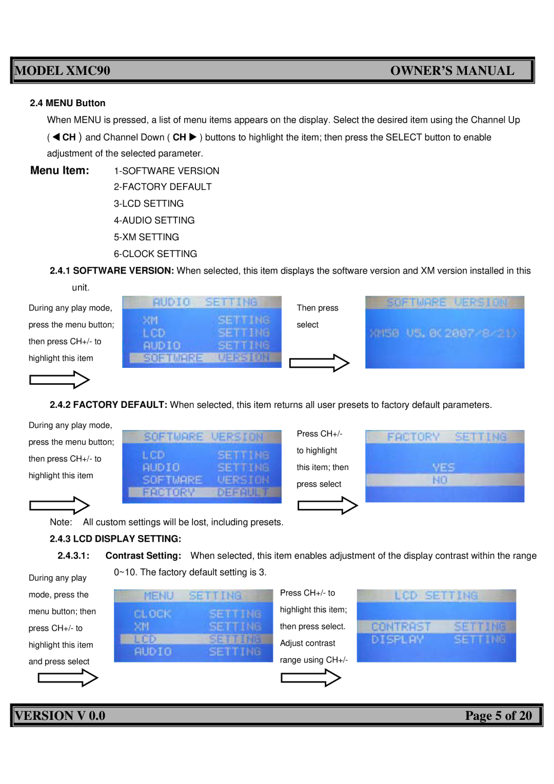 Acoustic Research XMC90 owner manual Audio Setting XM Setting Clock Setting, 3.1 