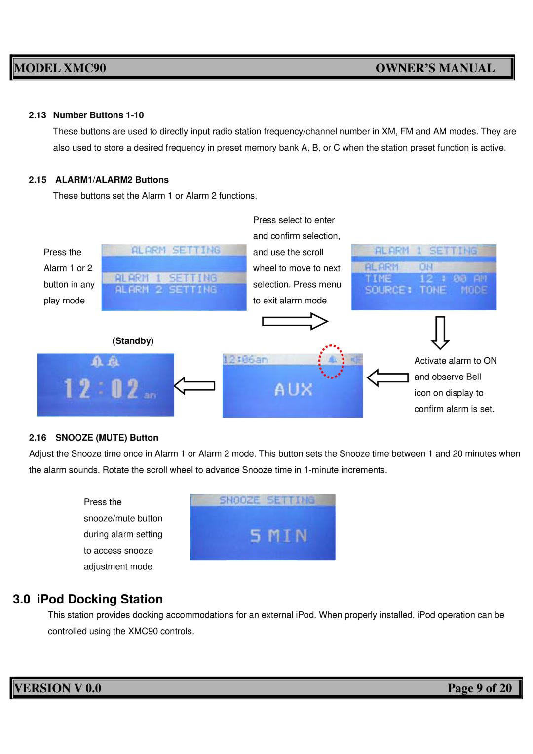 Acoustic Research XMC90 owner manual IPod Docking Station, ALARM1/ALARM2 Buttons, Standby, Snooze Mute Button 