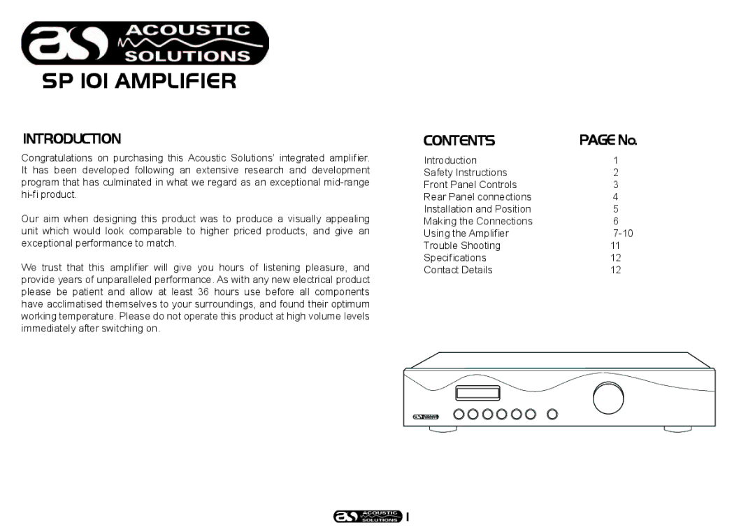 Acoustical Solutions manual SP 101 Amplifier, Introduction, Contents 