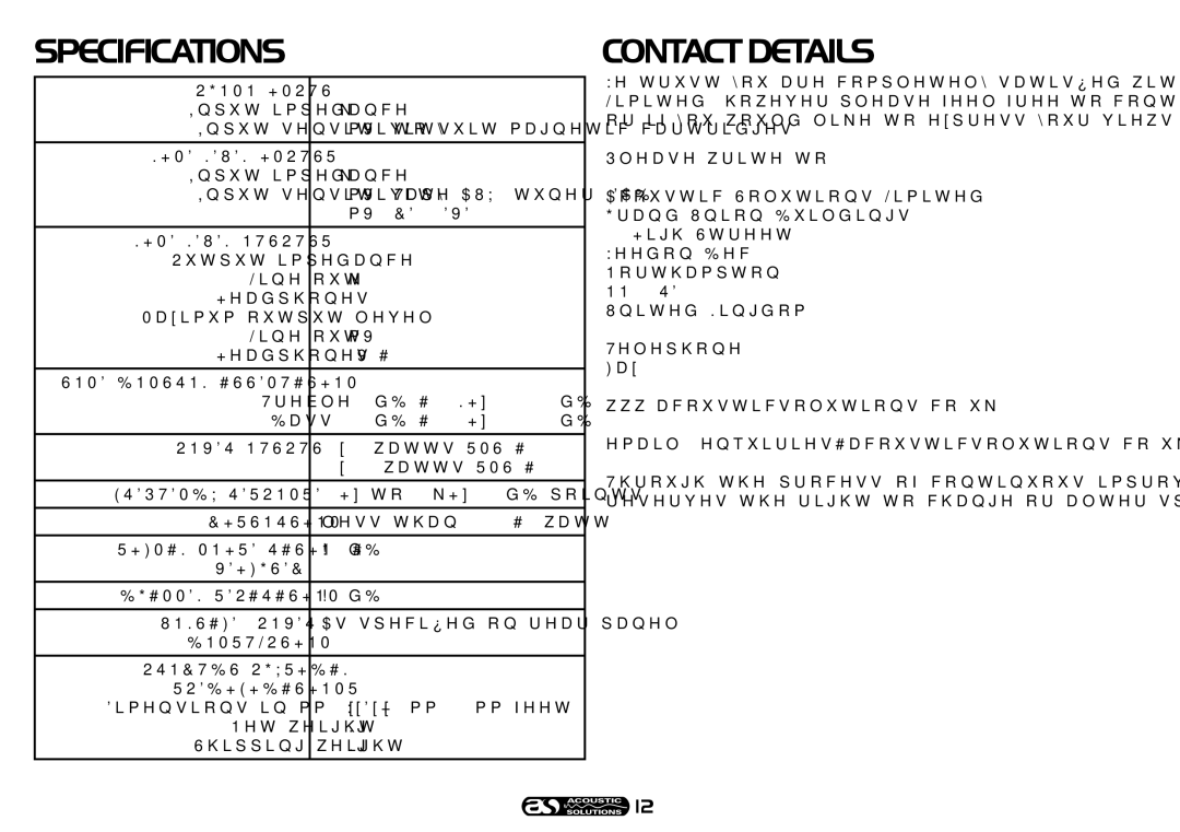 Acoustical Solutions SP 101 manual Specifications, Contactdetails 