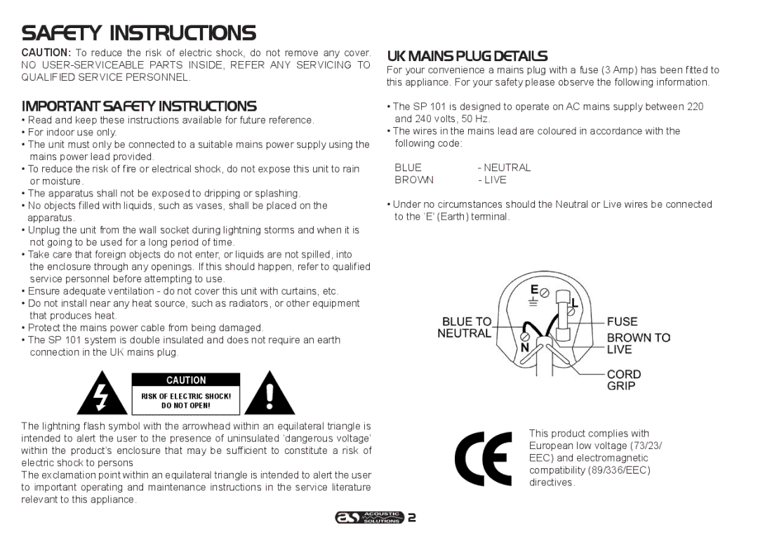 Acoustical Solutions SP 101 manual Safety Instructions, Importantsafetyinstructions, Ukmainsplugdetails 