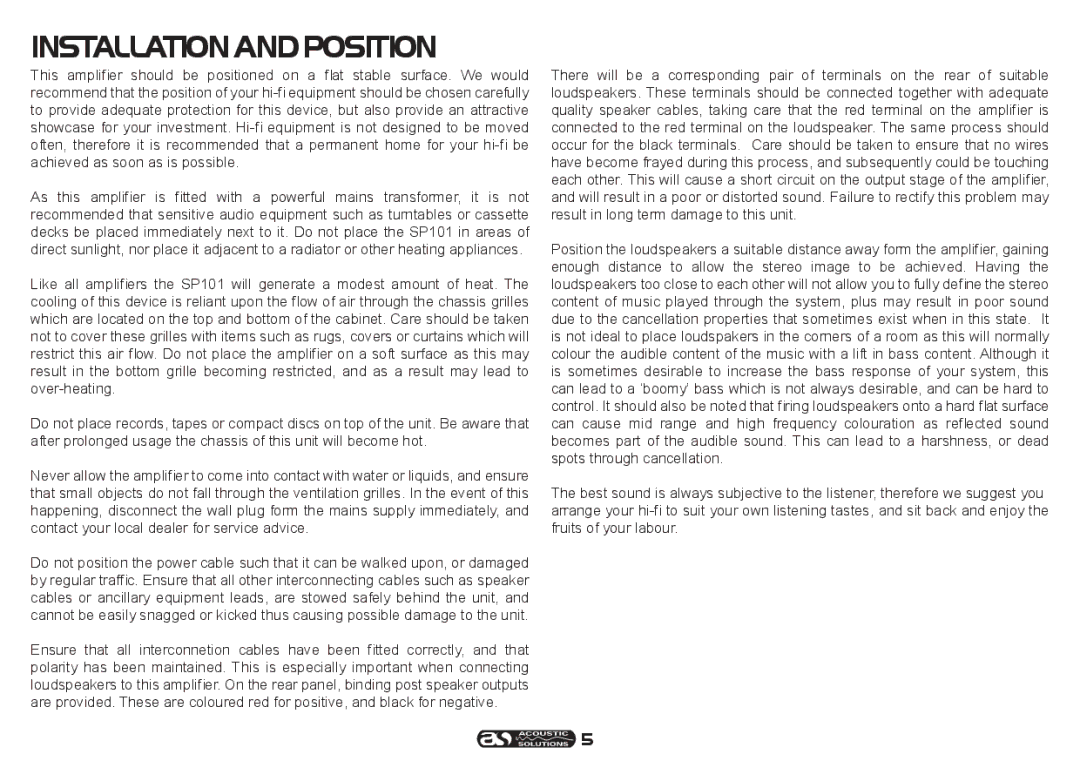 Acoustical Solutions SP 101 manual Installationandposition 