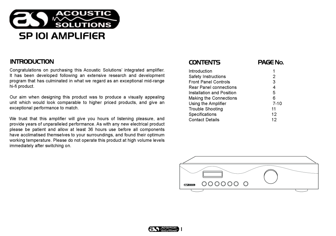 Acoustical Solutions manual SP 101 AMPLIFIER, Introduction, Contents, PAGENo 