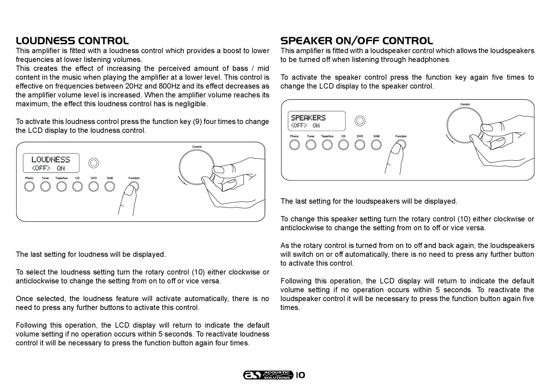 Acoustical Solutions SP 101 manual Loudness Control, Speaker On/Off Control 