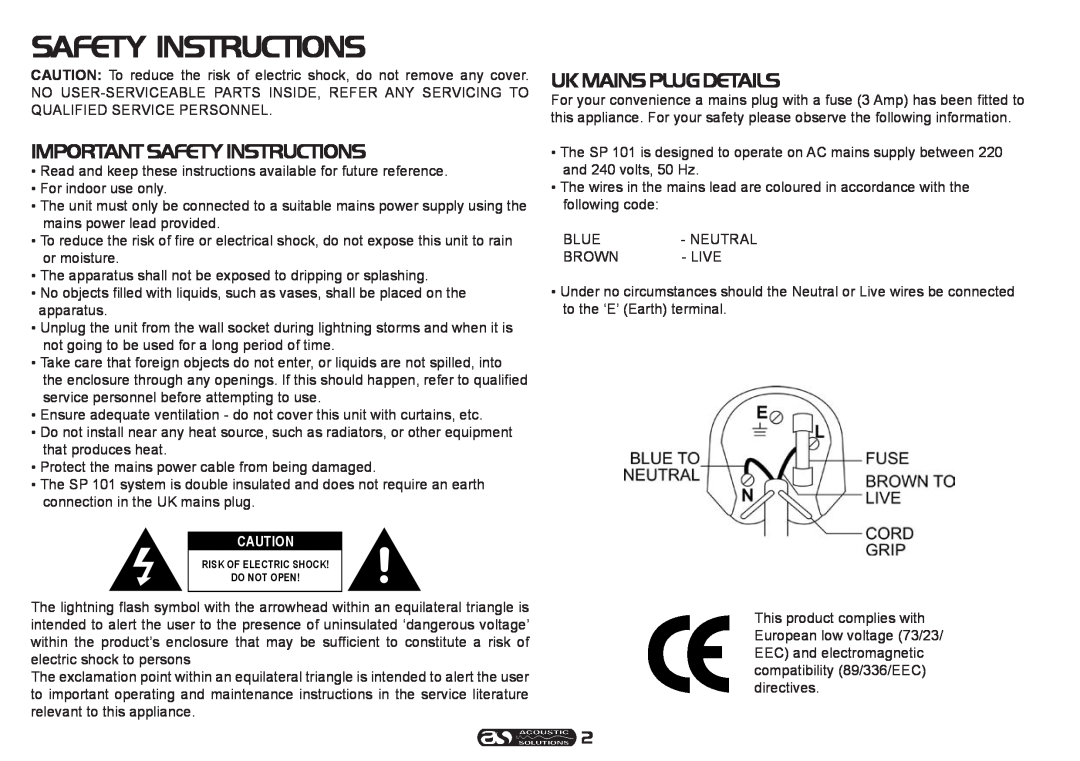 Acoustical Solutions SP 101 manual Safety Instructions, Importantsafetyinstructions, Ukmainsplugdetails 