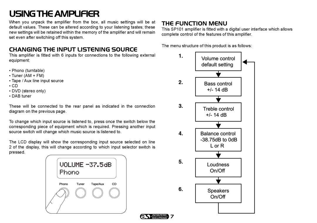 Acoustical Solutions SP 101 manual Usingtheamplifier, Changing The Input Listening Source, The Function Menu, 1 2 3 