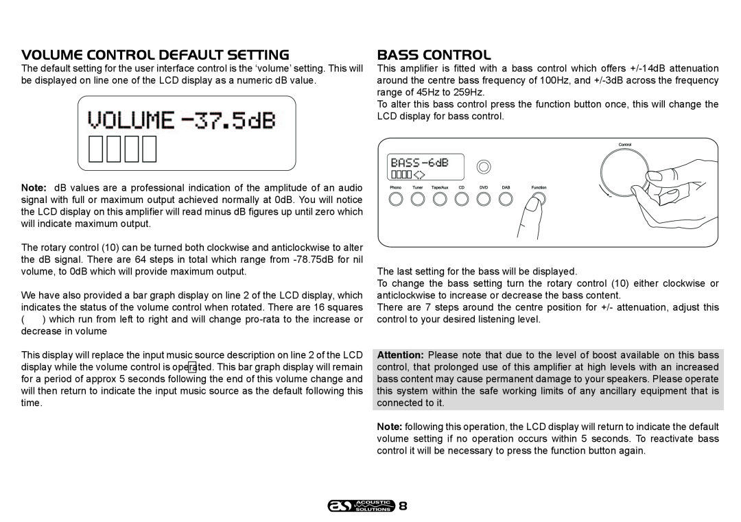 Acoustical Solutions SP 101 manual Volume Control Default Setting, Bass Control 