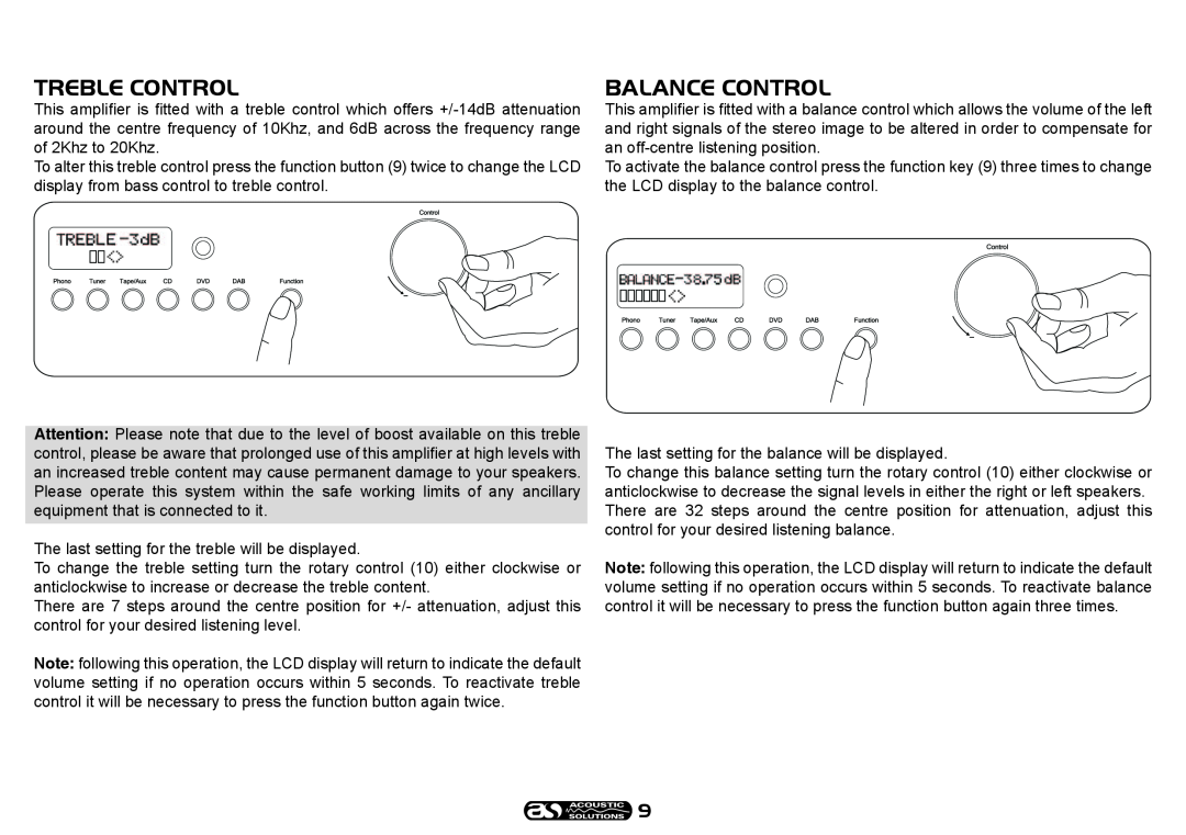 Acoustical Solutions SP 101 manual Treble Control, Balance Control 