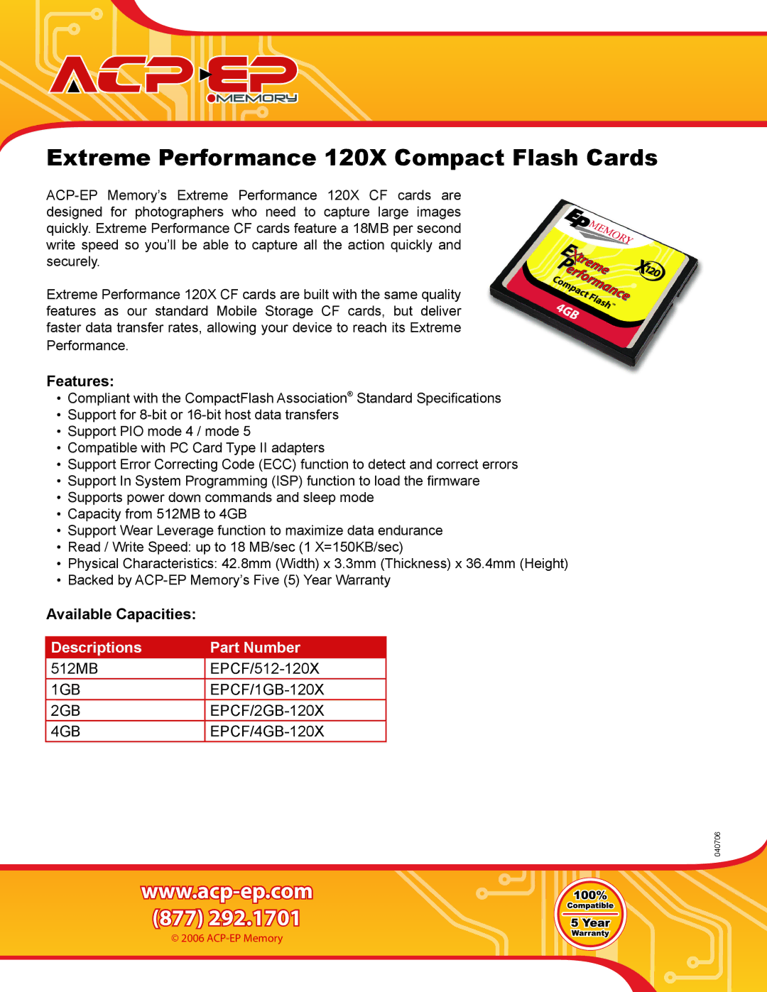 ACP-EP Memory CF120X warranty Extreme Performance 120X Compact Flash Cards, Features, Available Capacities 