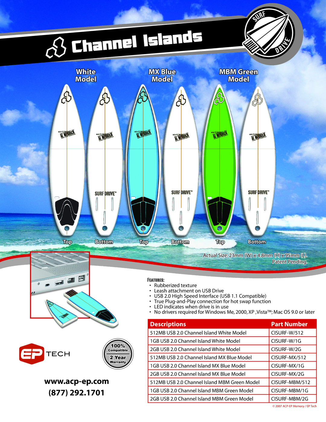 ACP-EP Memory CISURF-W/512, CISURF-MX/1G, CISURF-MX/2G, CISURF-W/1G, CISURF-MBM/1G manual 877, Descriptions Part Number 