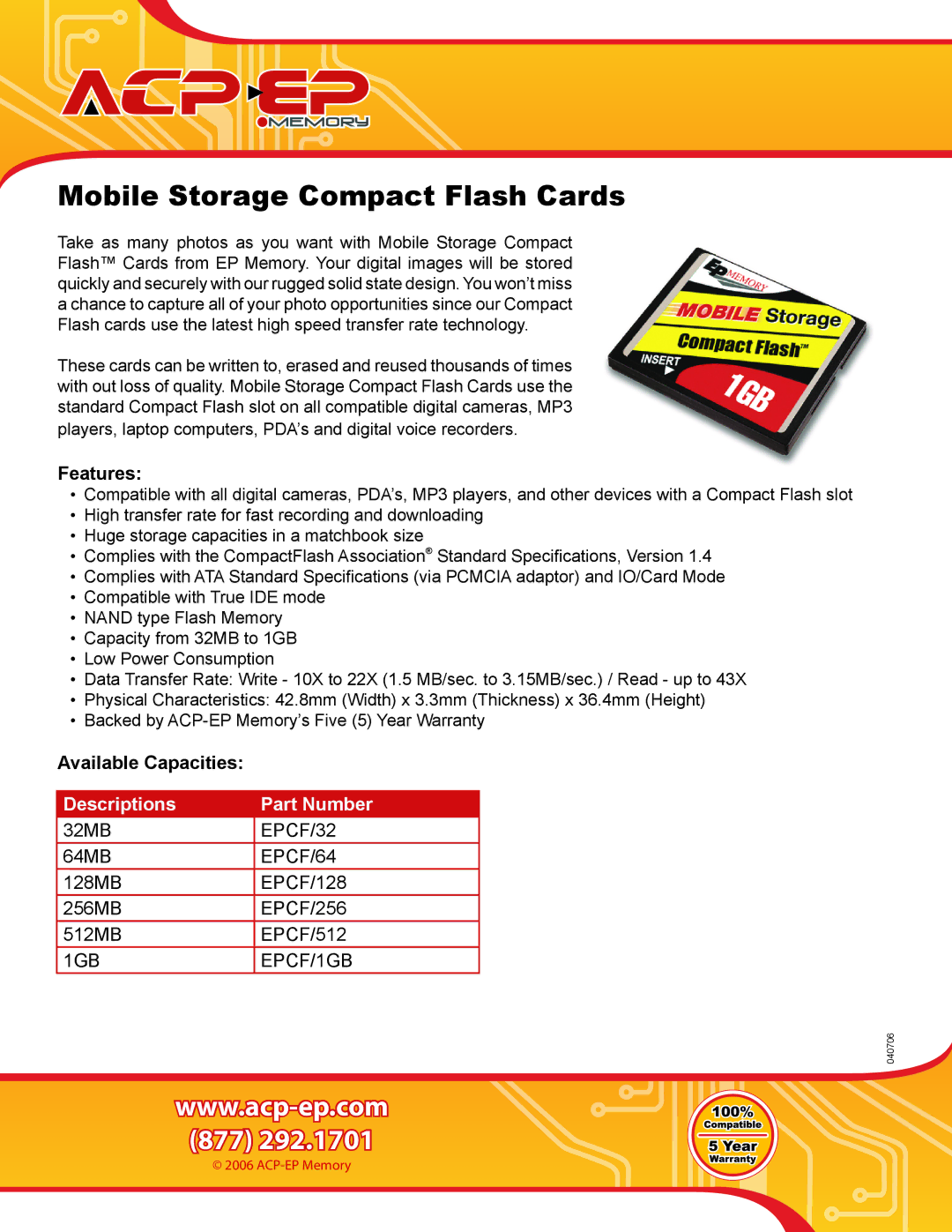 ACP-EP Memory EPCF/128, EPCF/32, EPCF/256 warranty Mobile Storage Compact Flash Cards, Features, Available Capacities 