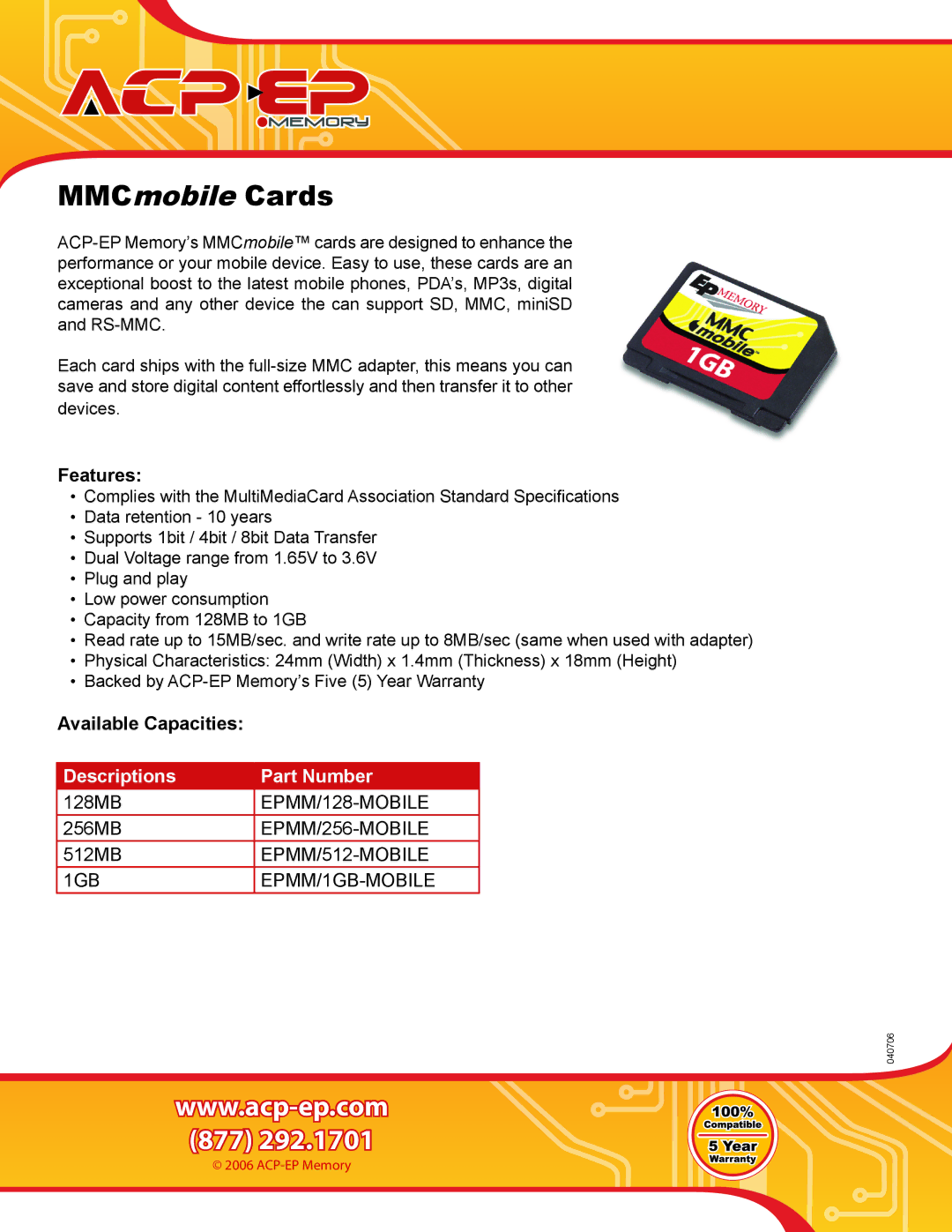 ACP-EP Memory EPMM/128-MOBILE, EPMM/256-MOBILE warranty MMCmobile Cards, Features, Available Capacities 