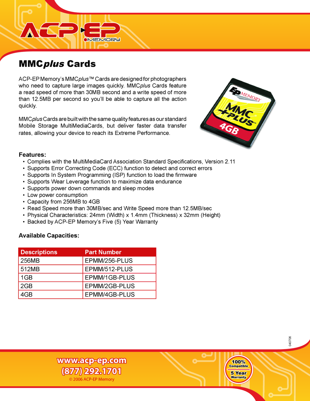 ACP-EP Memory EPMM/4GB-PLUS warranty MMCplus Cards, Features, Available Capacities, Descriptions Part Number 