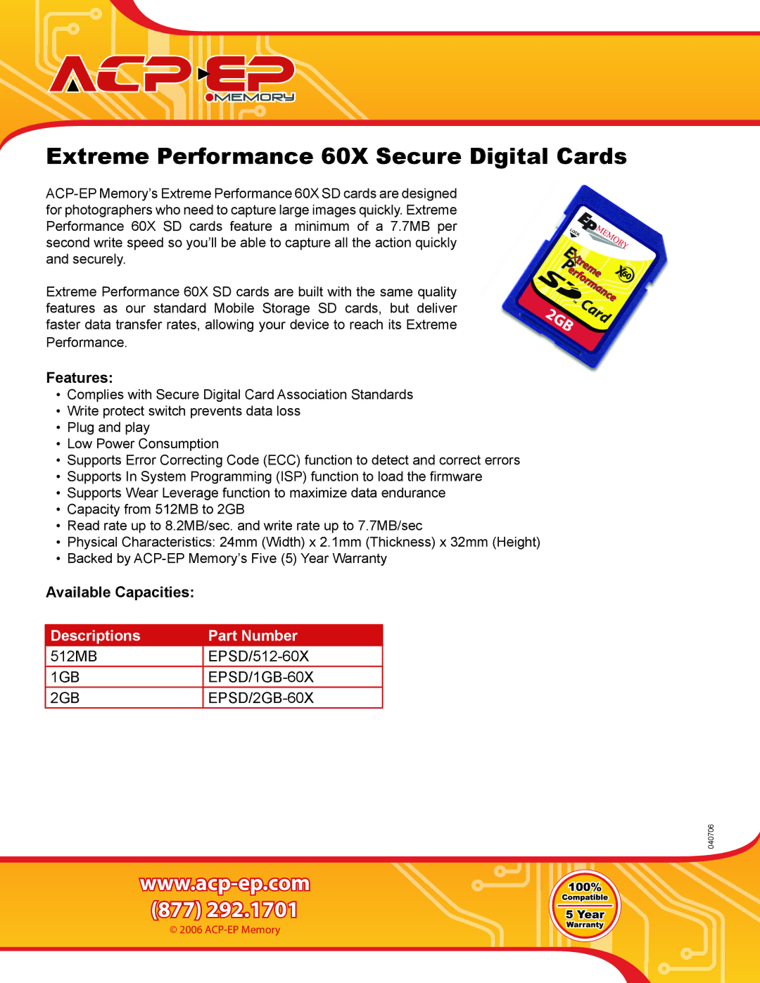 ACP-EP Memory EPSD/2GB-60X, SD60X warranty Extreme Performance 60X Secure Digital Cards, Features, Available Capacities 