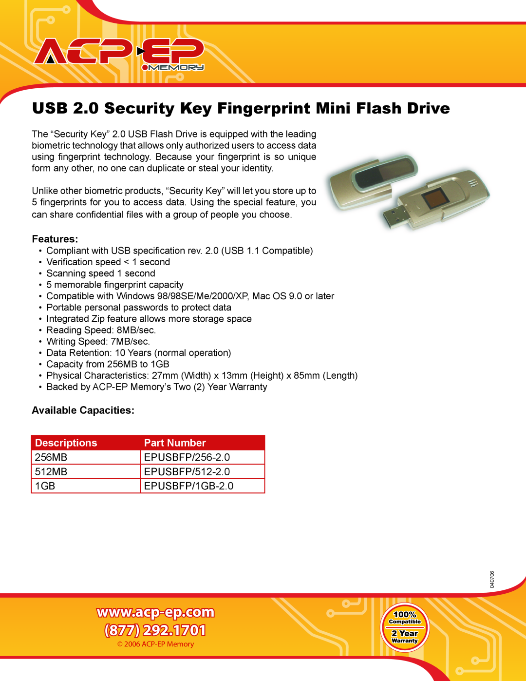 ACP-EP Memory EPUSBFP/1GB-2.0 warranty USB 2.0 Security Key Fingerprint Mini Flash Drive, Features, Available Capacities 
