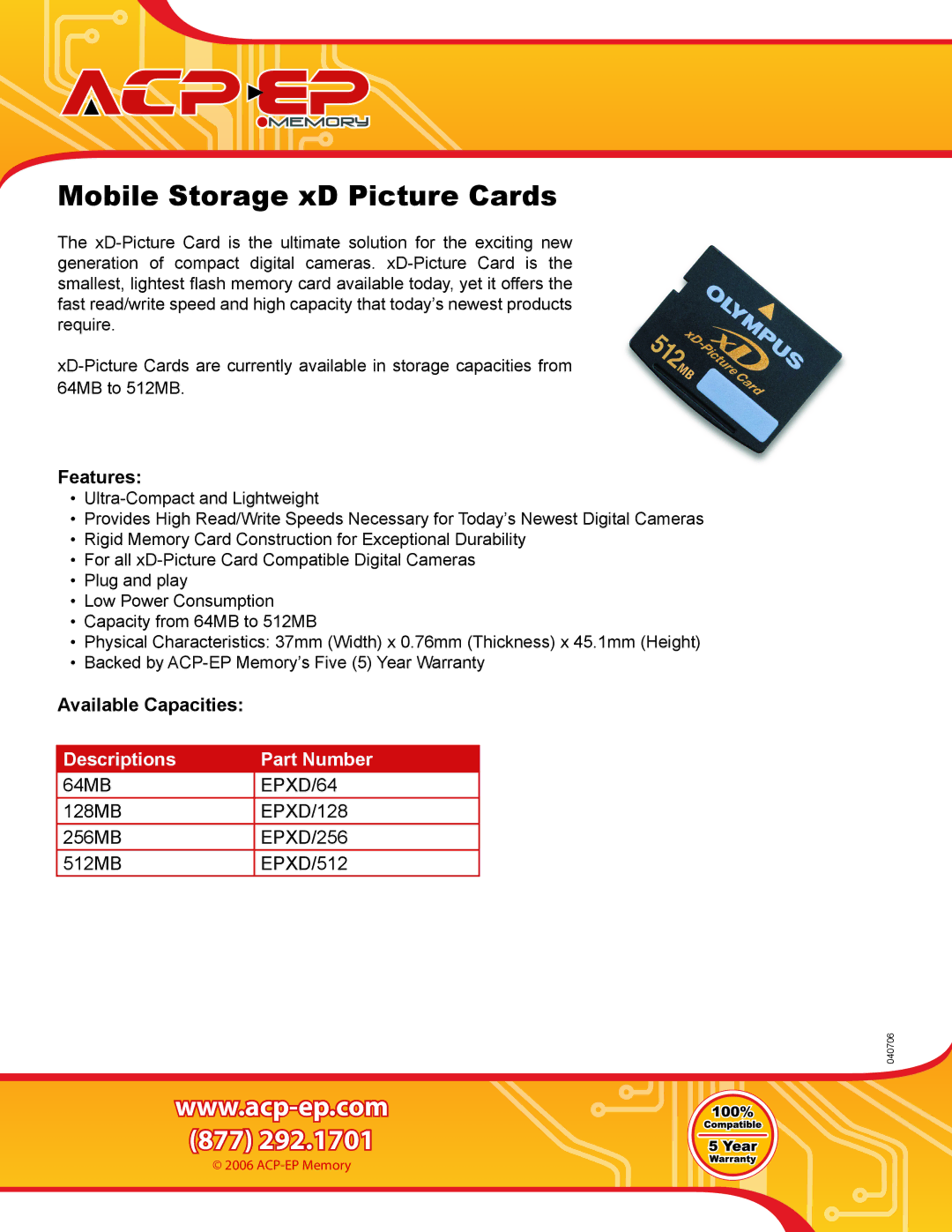 ACP-EP Memory EPXD/128, EPXD/512, EPXD/64, EPXD/256 warranty Mobile Storage xD Picture Cards, Features, Available Capacities 