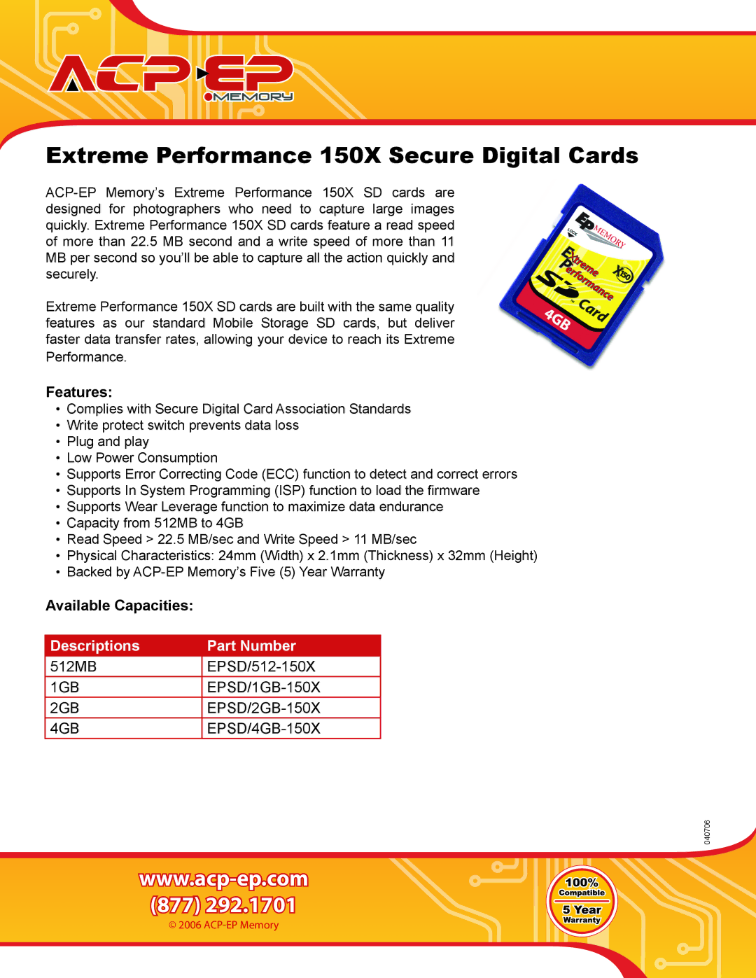 ACP-EP Memory SD150X warranty Extreme Performance 150X Secure Digital Cards, Features, Available Capacities 