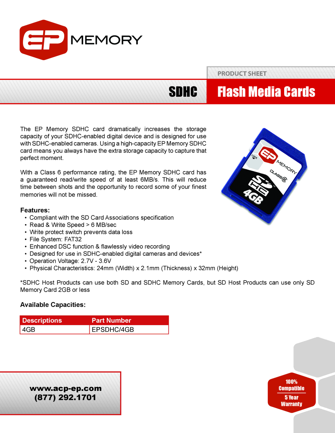 ACP-EP Memory SDHC warranty Sdhc Flash Media Cards, Features, Available Capacities 