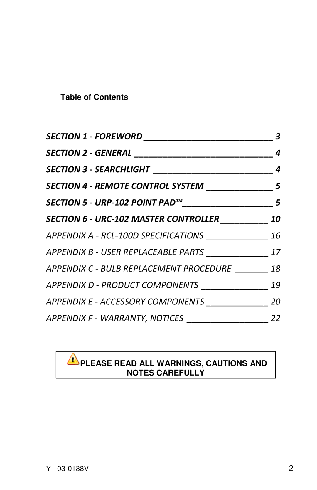 ACR Electronics 1930.3 manual URC-102 Master Controller, Table of Contents 