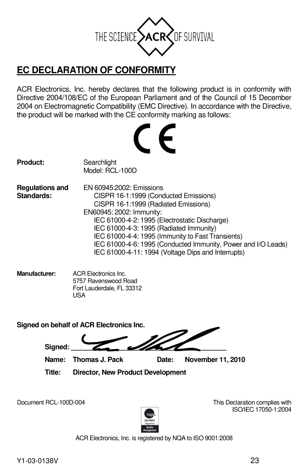 ACR Electronics 1930.3 manual EC Declaration of Conformity 