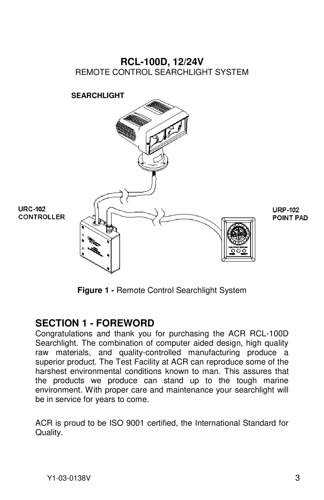 ACR Electronics 1930.3 manual Foreword, Remote Control Searchlight System 