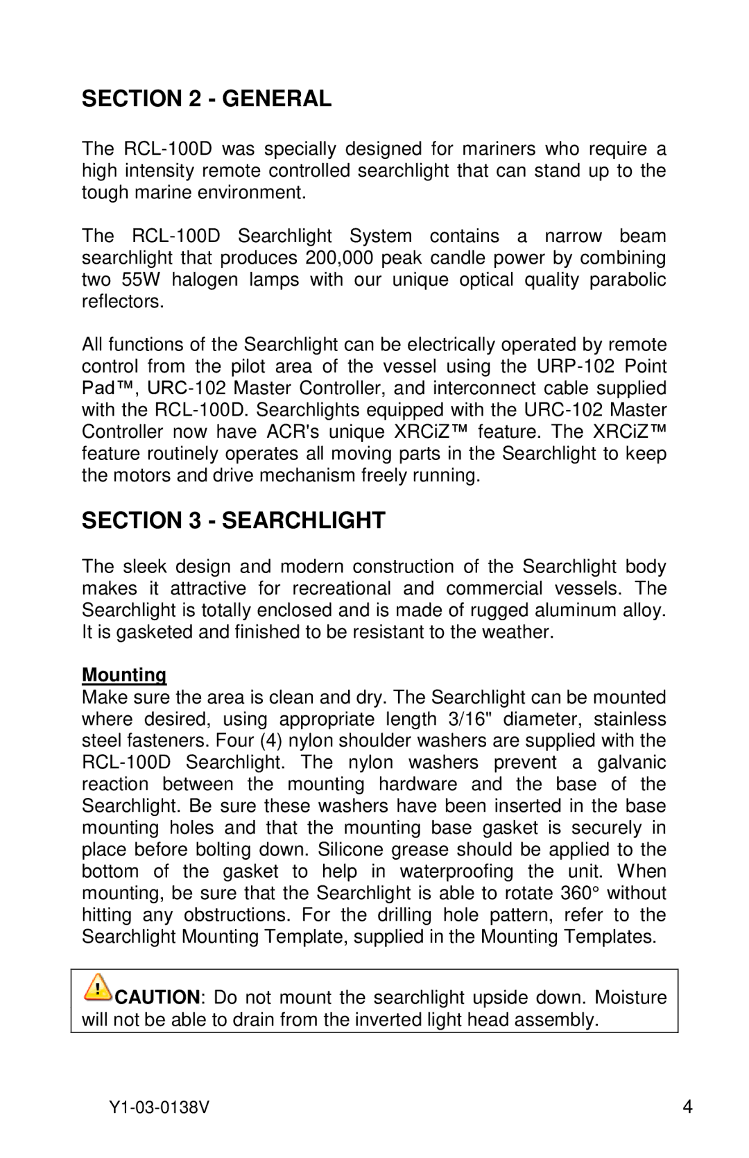 ACR Electronics 1930.3 manual General, Searchlight, Mounting 