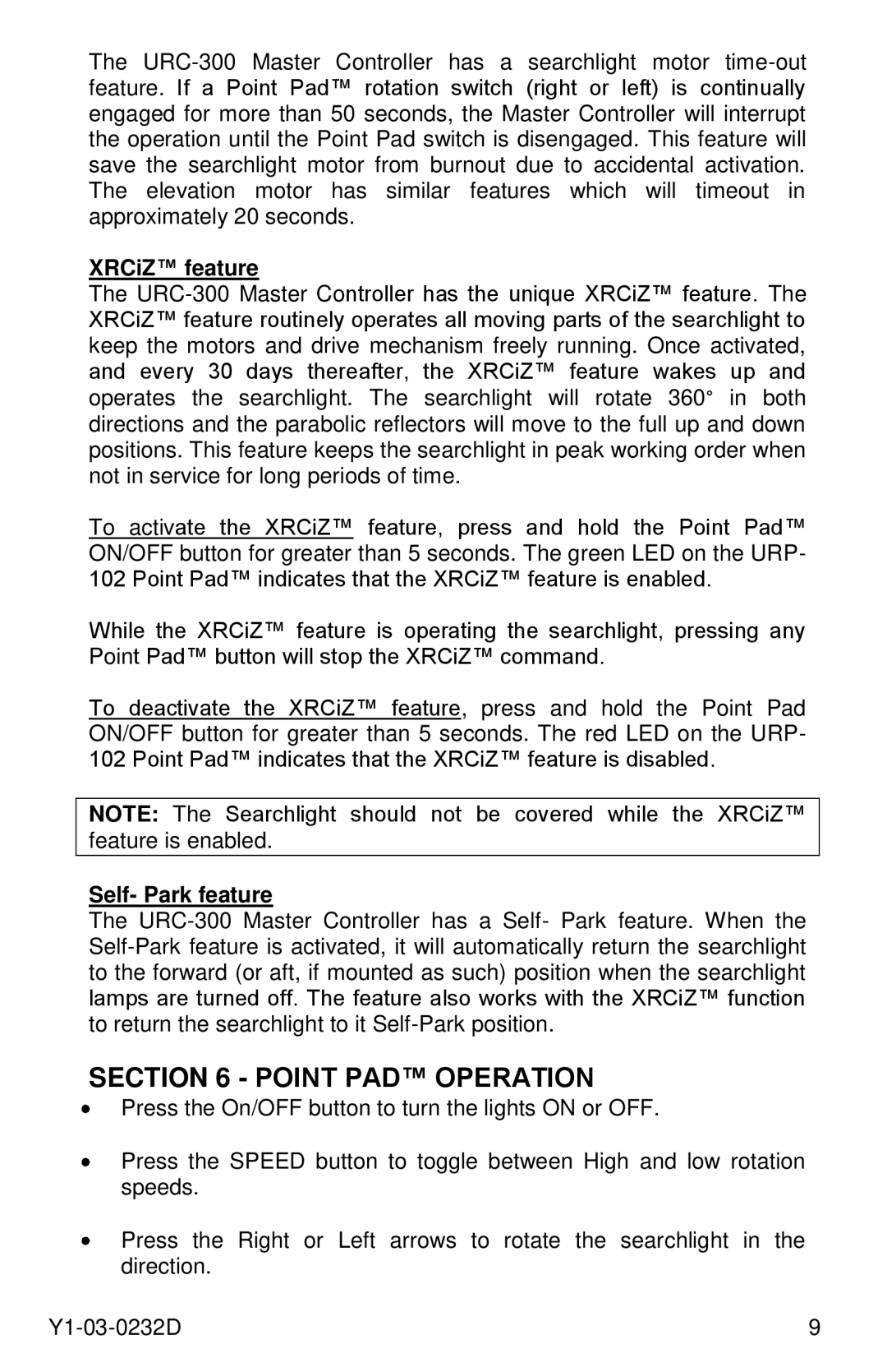 ACR Electronics 1933, RCL-300A manual Point PAD Operation, XRCiZ feature, Self- Park feature 