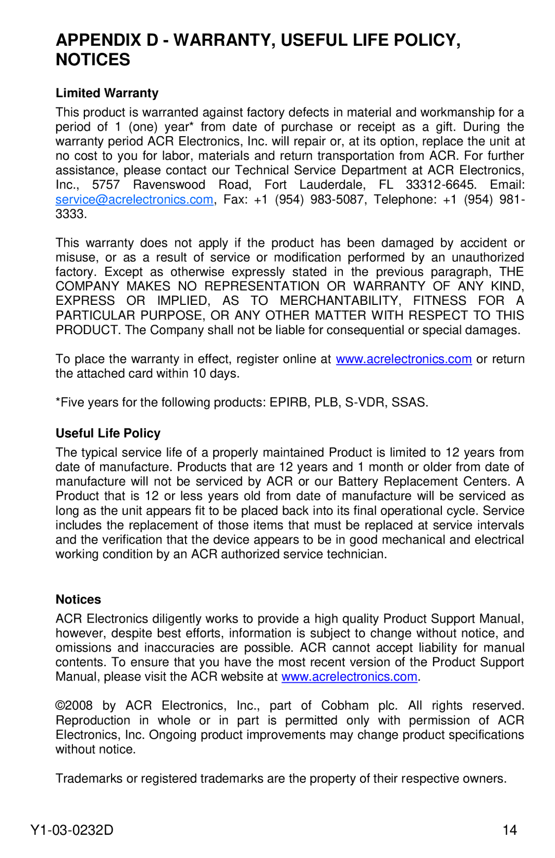 ACR Electronics RCL-300A, 1933 manual Appendix D WARRANTY, Useful Life POLICY, Notices, Limited Warranty, Useful Life Policy 