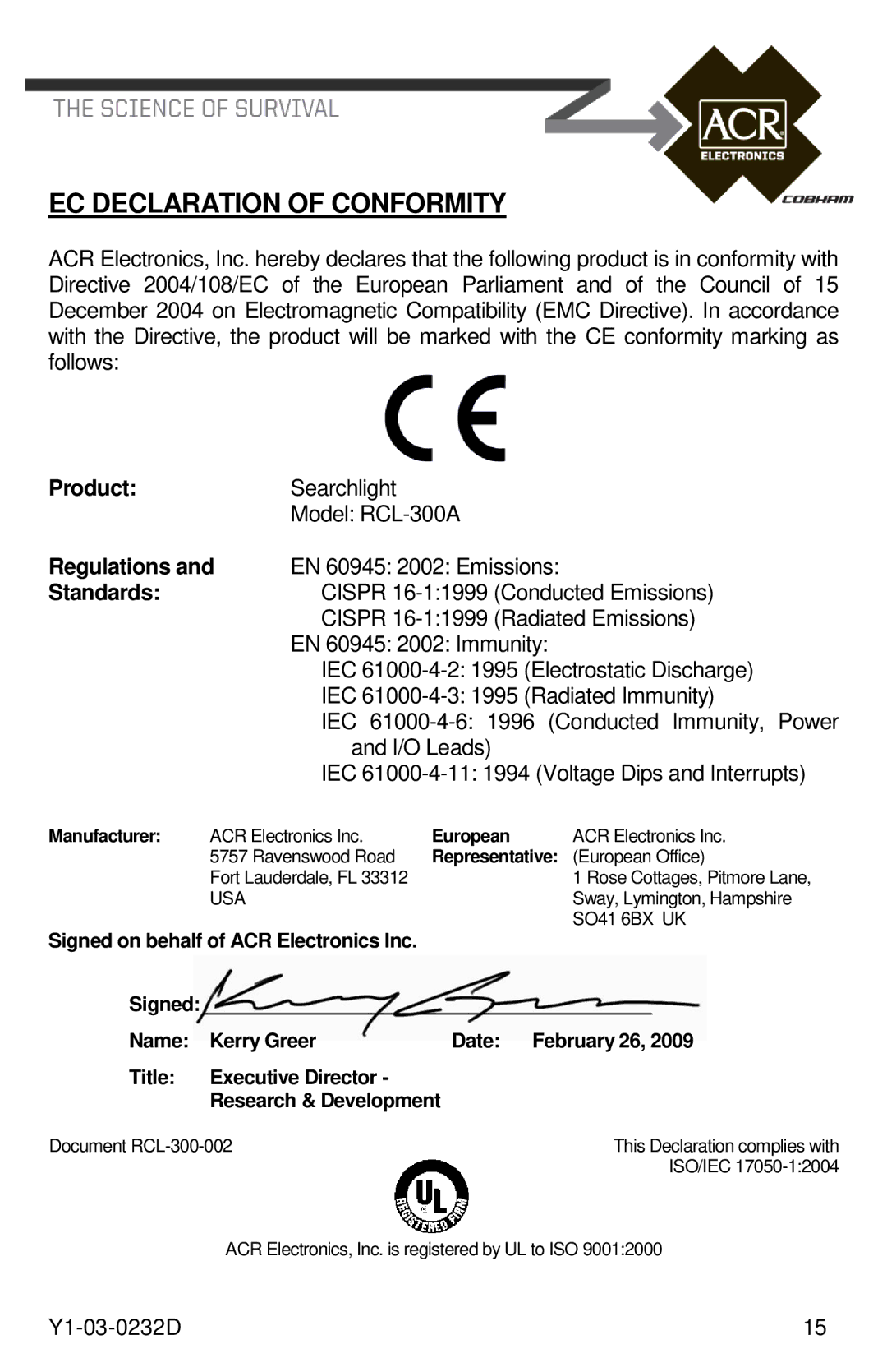 ACR Electronics 1933, RCL-300A manual EC Declaration of Conformity, Product, Regulations, Standards 