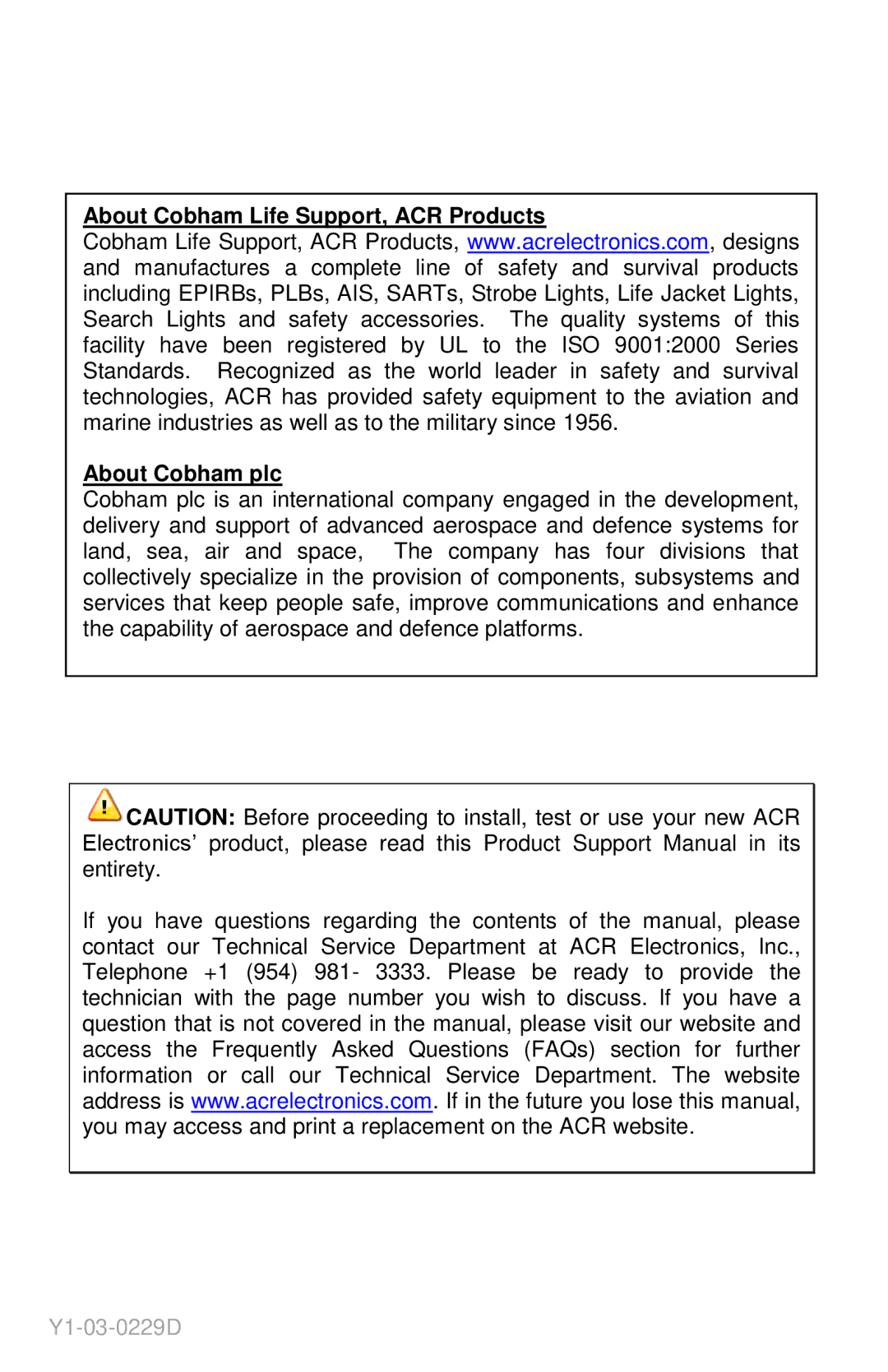 ACR Electronics 1933, RCL-300A manual About Cobham Life Support, ACR Products About Cobham plc 