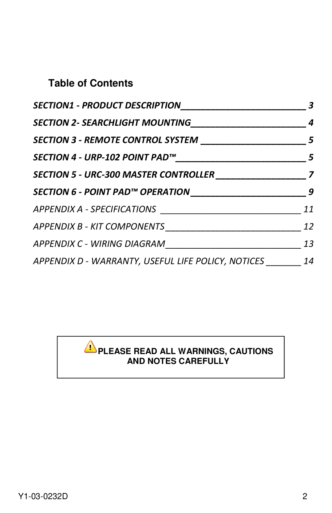 ACR Electronics RCL-300A, 1933 manual Table of Contents 