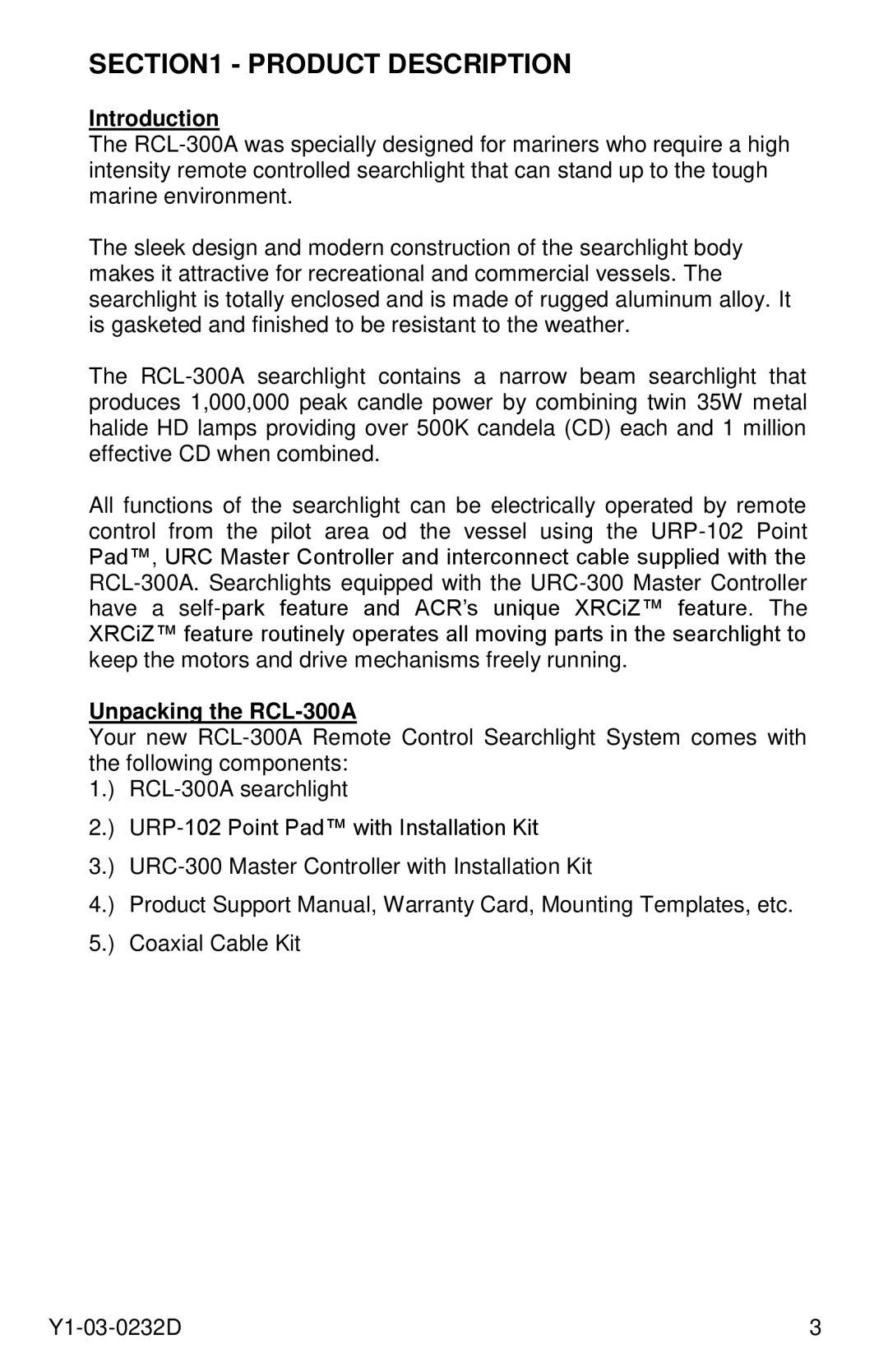 ACR Electronics 1933 manual Product Description, Introduction, Unpacking the RCL-300A 