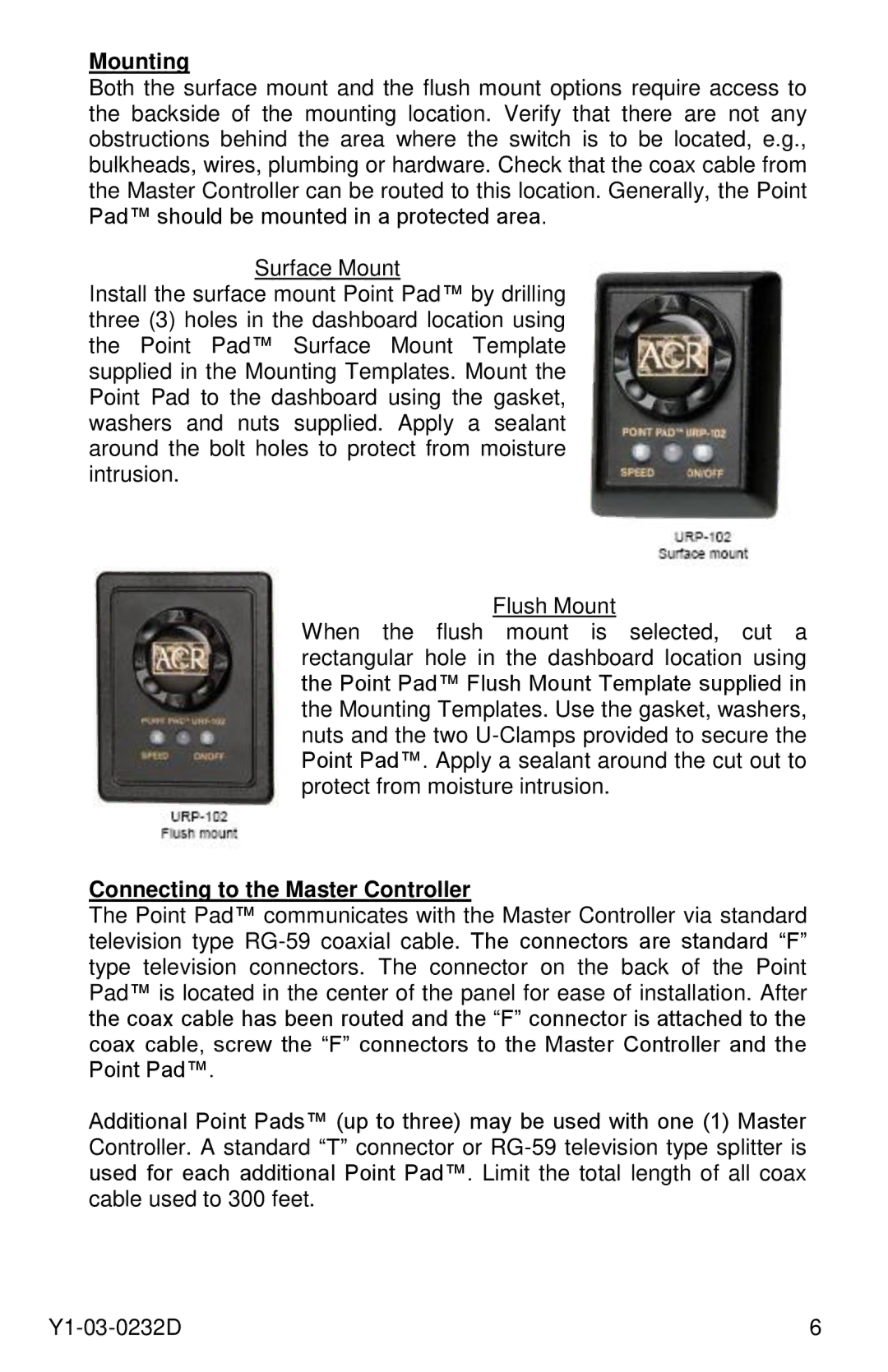 ACR Electronics RCL-300A, 1933 manual Mounting, Connecting to the Master Controller 