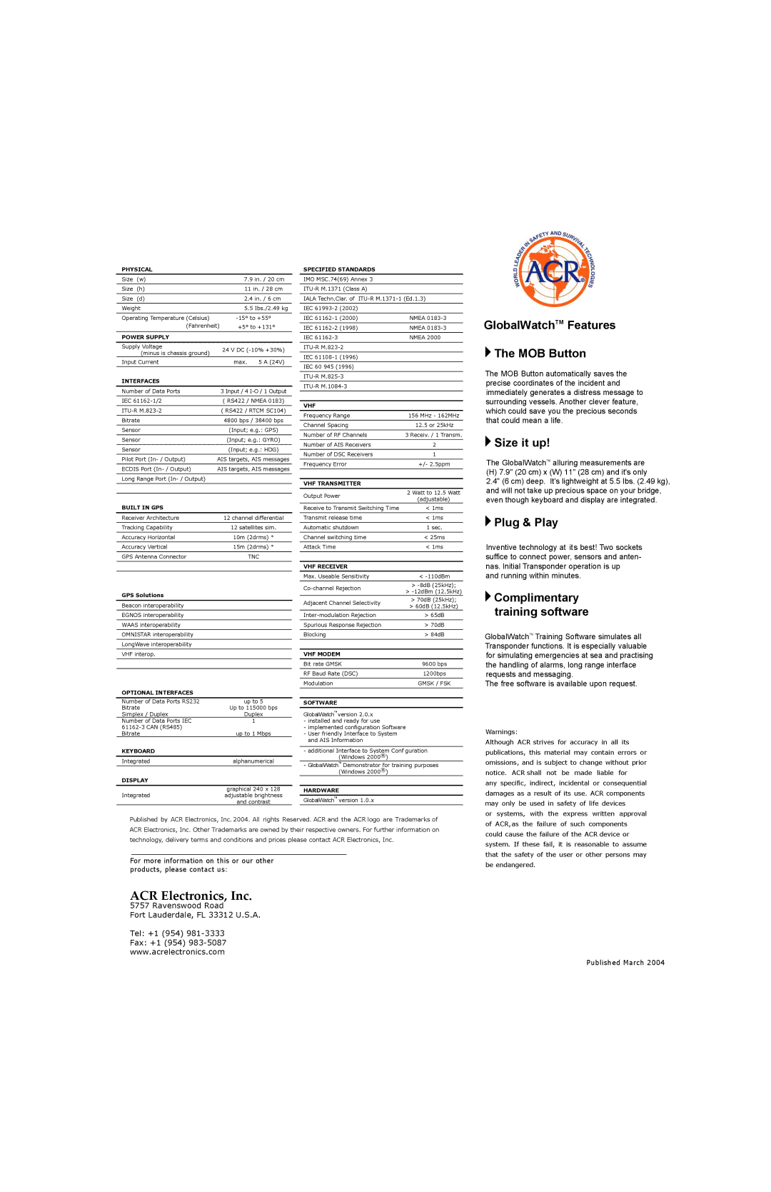 ACR Electronics 2600 technical specifications ACR Electronics, Inc 