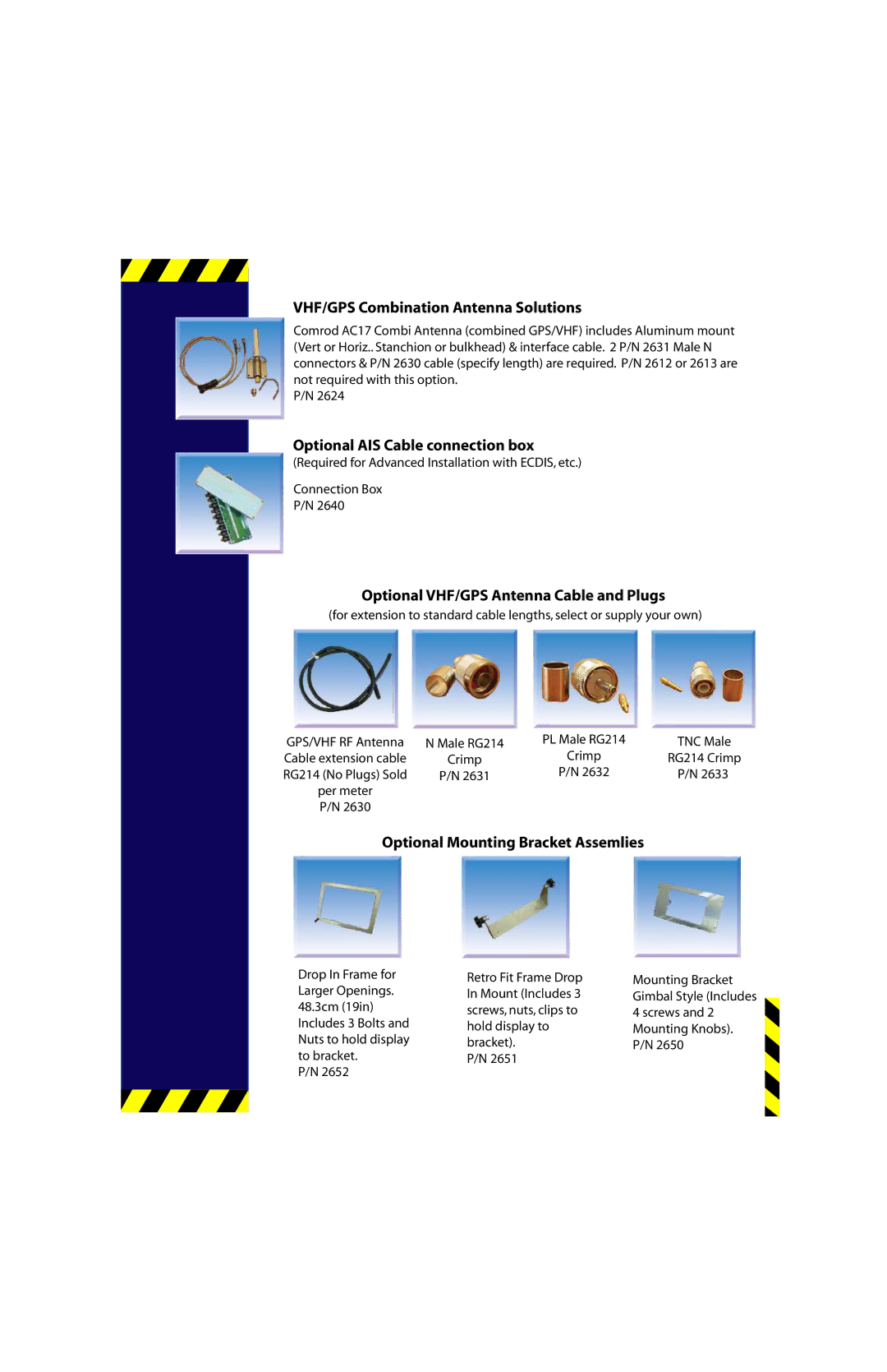 ACR Electronics 2600 technical specifications VHF/GPS Combination Antenna Solutions, Optional AIS Cable connection box 