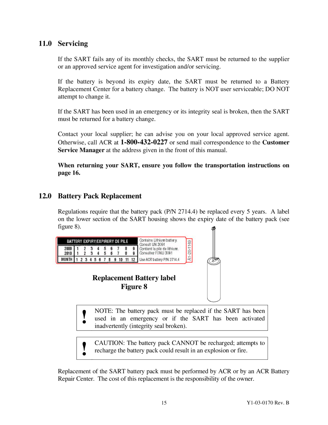 ACR Electronics 2714 manual Servicing, Battery Pack Replacement, Replacement Battery label 