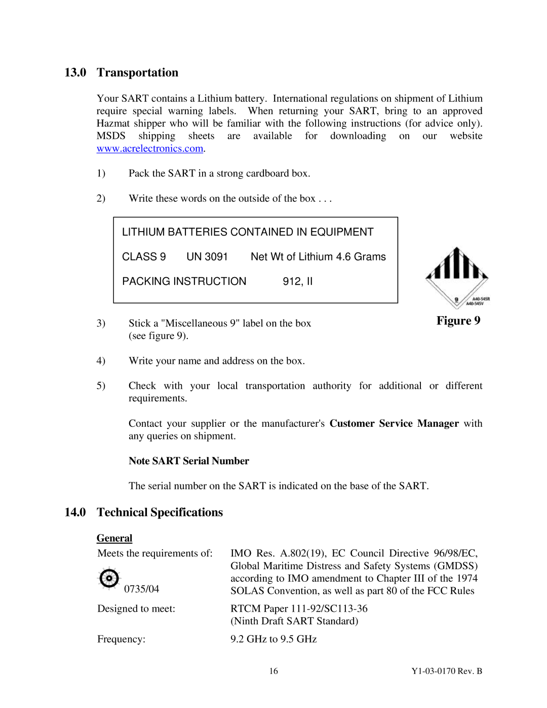 ACR Electronics 2714 manual Transportation, Technical Specifications, General 