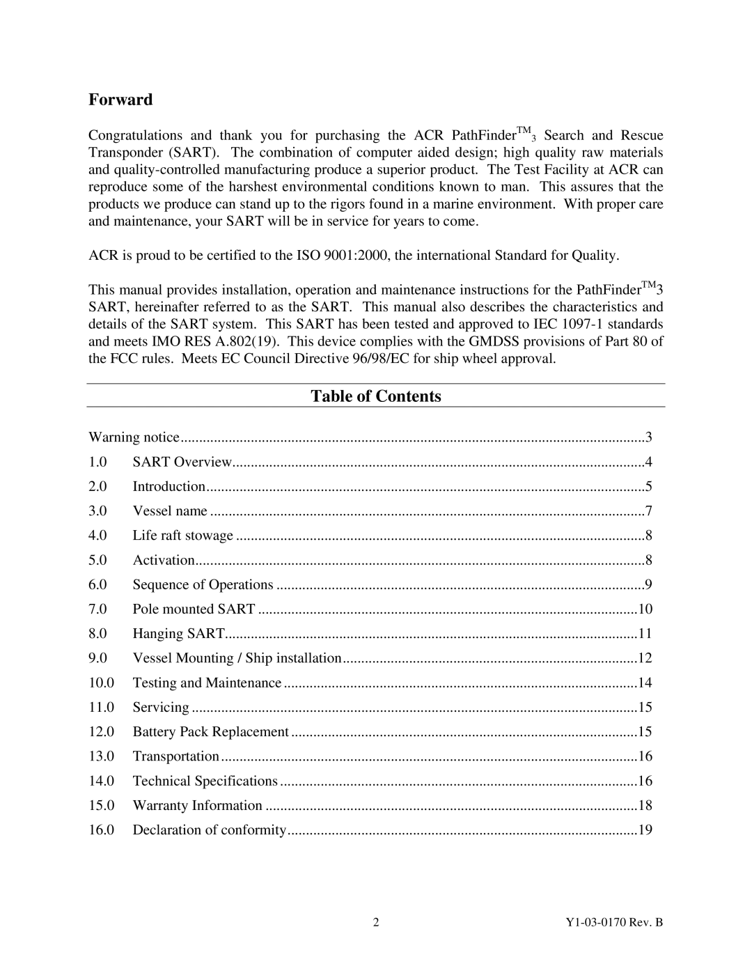 ACR Electronics 2714 manual Forward, Table of Contents 