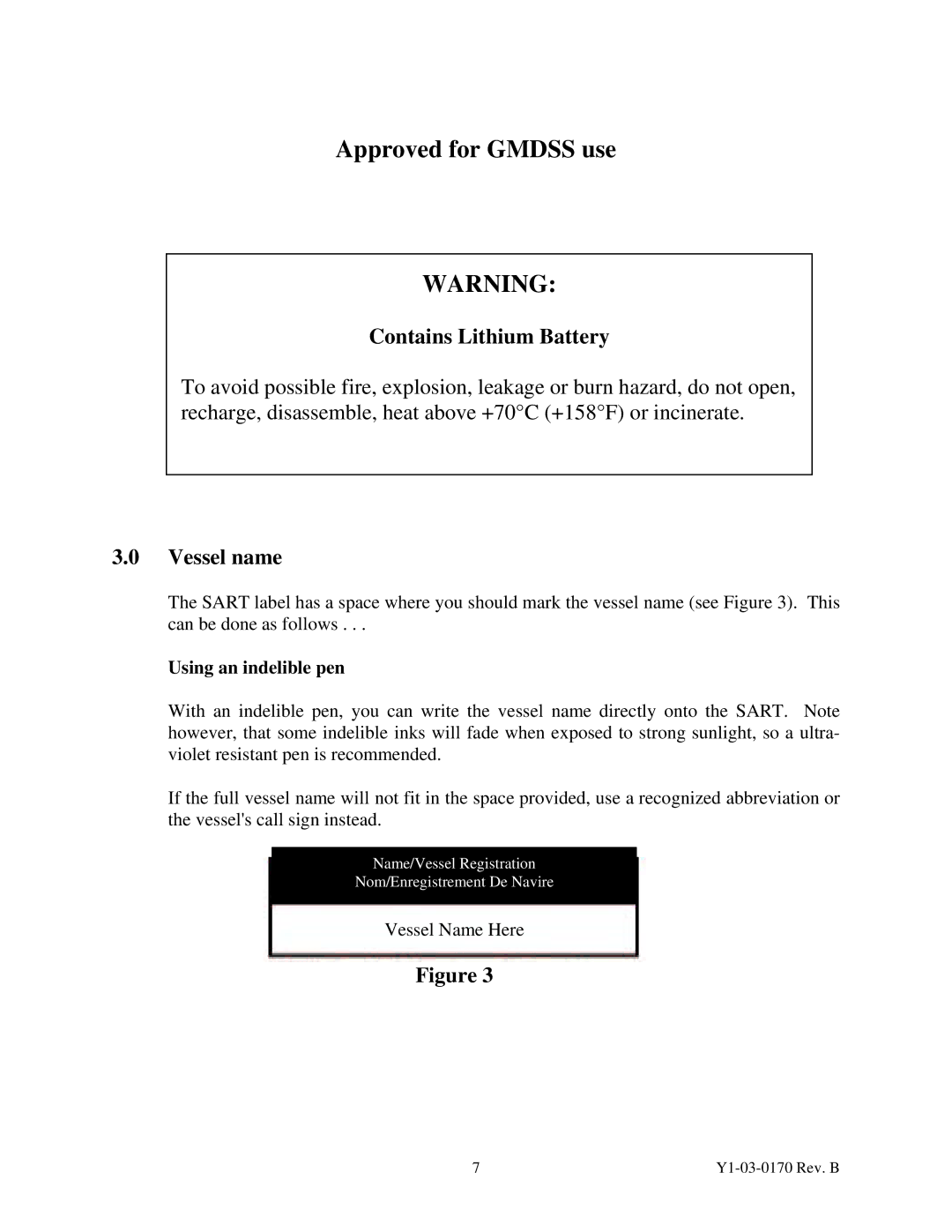 ACR Electronics 2714 manual Contains Lithium Battery, Vessel name, Using an indelible pen 