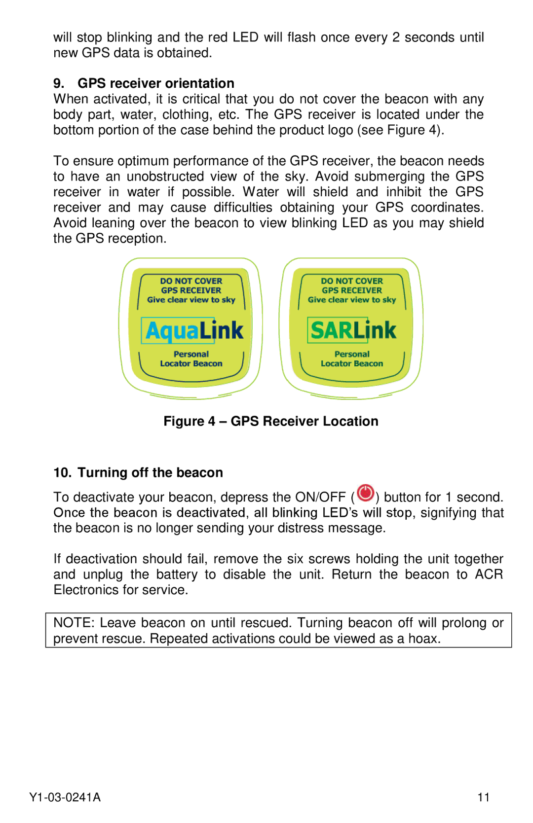 ACR Electronics 2883, PLB-350B, 2882 manual GPS receiver orientation, GPS Receiver Location Turning off the beacon 