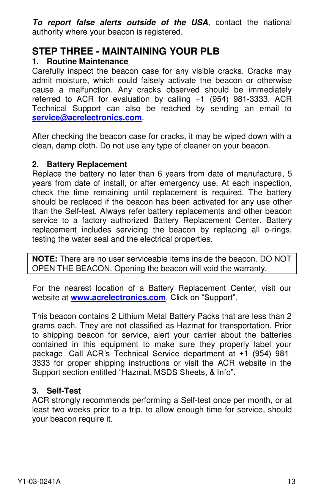 ACR Electronics 2882, 2883, PLB-350B Step Three Maintaining Your PLB, Routine Maintenance, Battery Replacement, Self-Test 