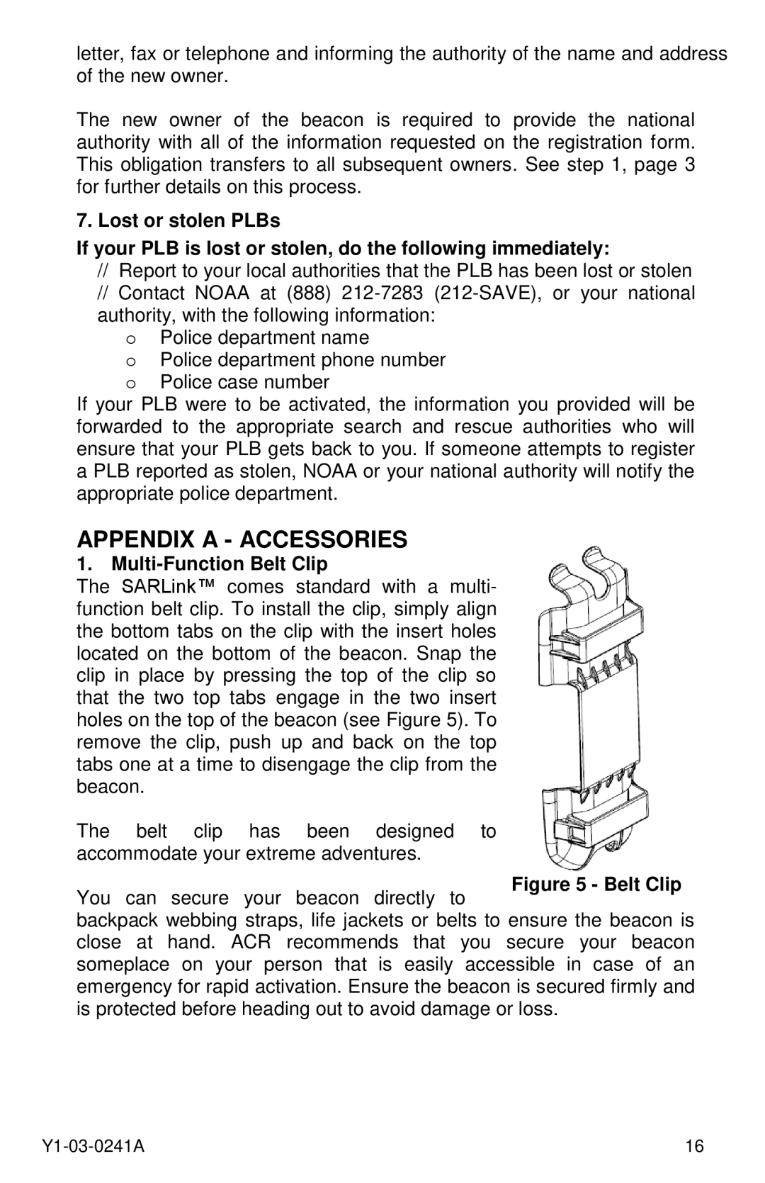 ACR Electronics 2882, 2883, PLB-350B manual Appendix a Accessories, Multi-Function Belt Clip 