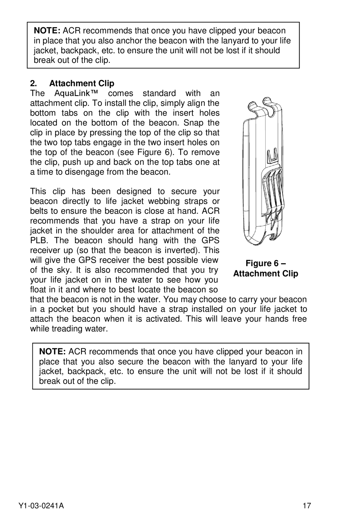 ACR Electronics 2883, PLB-350B, 2882 manual Attachment Clip 